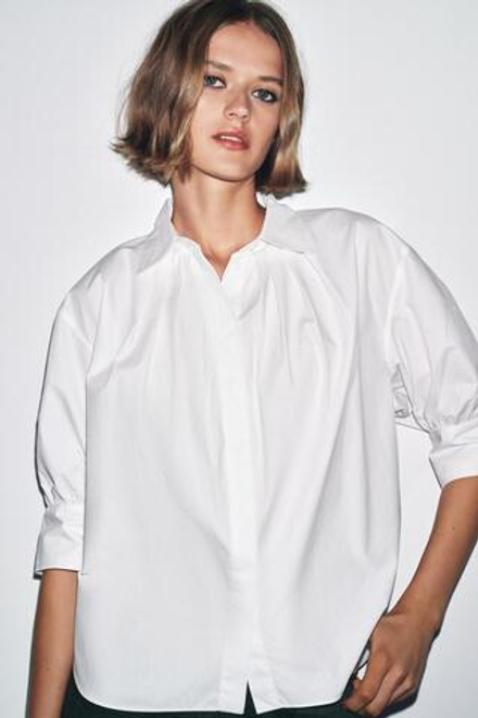 ZARA РУБАШКА СО СКЛАДКАМИ И ОБЪЕМНЫМИ РУКАВАМИ ZW COLLECTION, БЕЛЫЙ