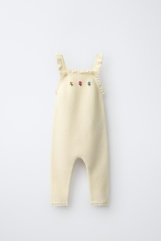 ZARA ТРИКОТАЖНЫЙ КОМБИНЕЗОН С ЦВЕТОЧНОЙ ВЫШИВКОЙ, ЭКРЮ