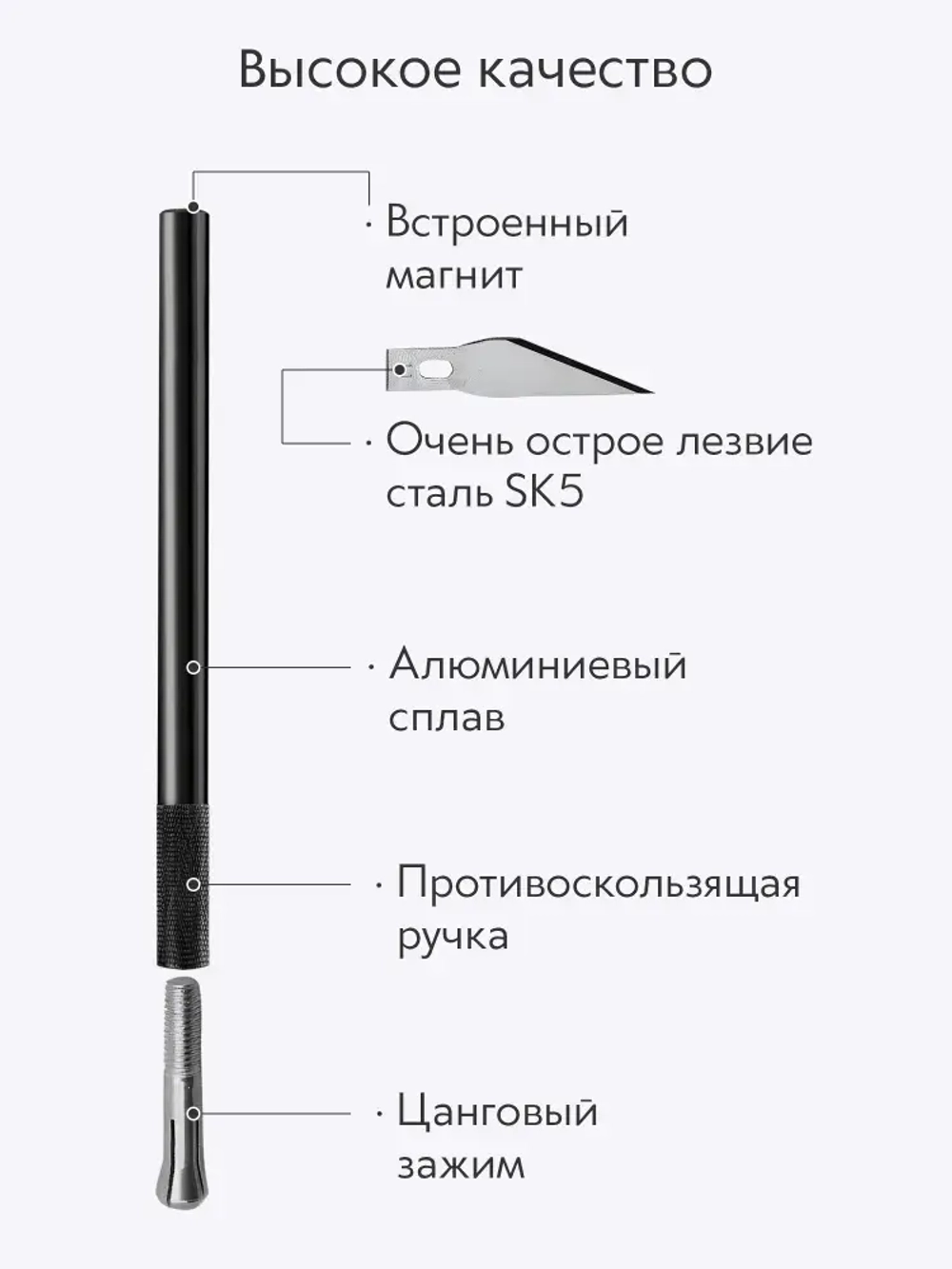 Нож скальпель канцелярский, макетный с магнитом + 5 лезвий, алюминий, черный