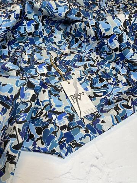 Курточно-плащевая принтованная ткань (La Perla, 100%полиэстер, Белый фон/мелкий абстрактный принт синяя гамма, 150)