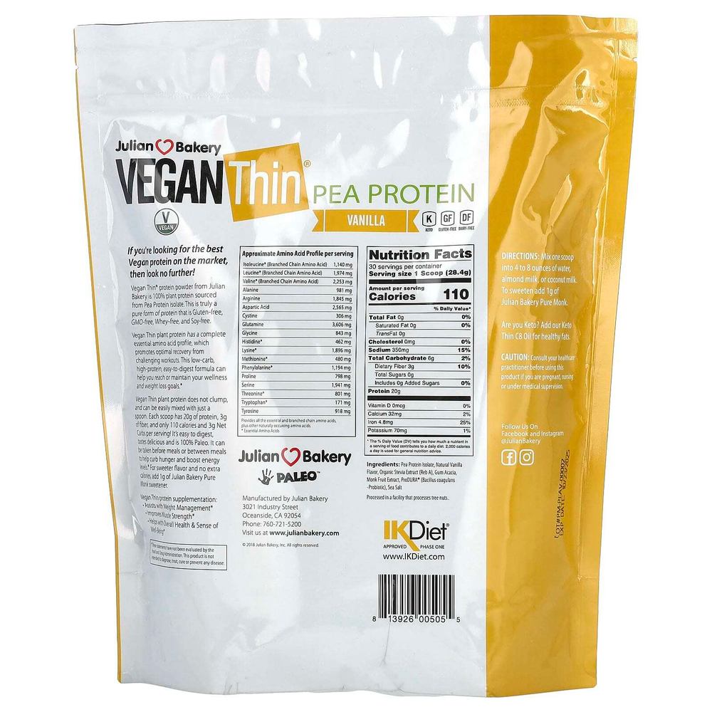 Julian Bakery, Vegan Thin, гороховый протеин, ваниль, 852 г (1,88 фунта)