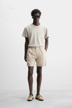 ZARA ШОРТЫ ИЗ ХЛОПКА И ЛЬНА, СВЕТЛО-БЕЖЕВЫЙ