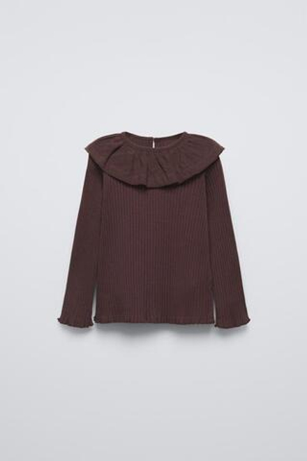 ZARA КОМБИНИРОВАННАЯ ФУТБОЛКА ИЗ ТРИКОТАЖА В РУБЧИК, ШОКОЛАДНЫЙ