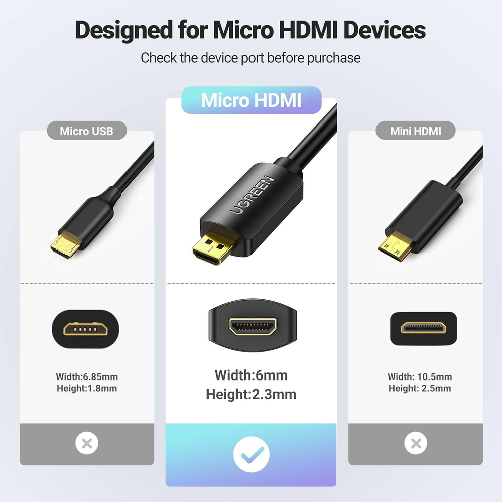 Кабель-переходник HDMI(f) - micro HDMI(m), V2.0, 4K@60Hz, 22см, UGREEN 20134