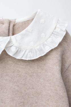 ZARA ФУТБОЛКА SOFT TOUCH С ВЫШИТЫМ ОТЛОЖНЫМ ВОРОТНИКОМ, ПЕСОЧНЫЙ МЕЛАНЖ