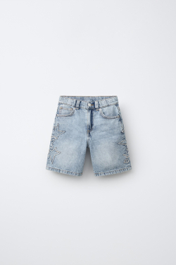 ZARA ДЖИНСОВЫЕ ШОРТЫ СО ЗВЕЗДАМИ, ВЫЦВЕТШИЙ СИНИЙ