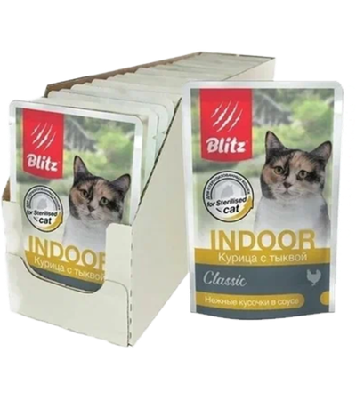 Blitz Classic Indoor Для кошек, склонных к лишнему весу Курица с тыквой (соус) 85гр./24шт.