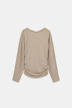 ZARA ФУТБОЛКА С ДРАПИРОВКОЙ, СЕРОВАТО-КОРИЧНЕВЫЙ