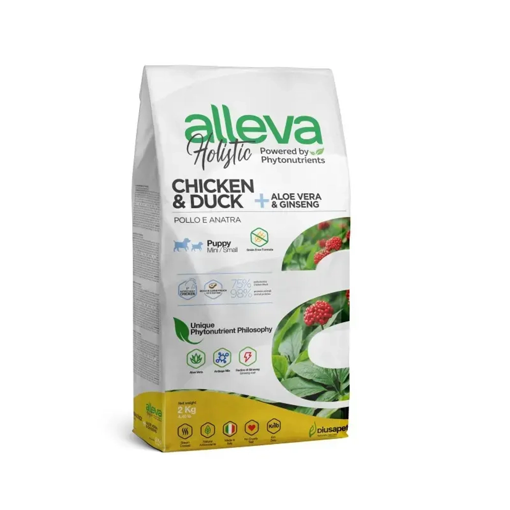 Alleva holistic puppy/junior chicken & duck mini сухой корм для щенков и юниоров с курицей и уткой, алое вера и женьшенем - 2 кг