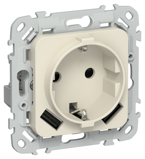 FLITE Розетка 1-местная с заземлением с защитными шторками 16А с USB A+A 3,1А РСЮша11-0-ФлСл сливочный IEK