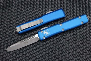 Microtech Ultratech S/E - нож автомат., синяя алюм. рук-ть, клинок апокалиптик