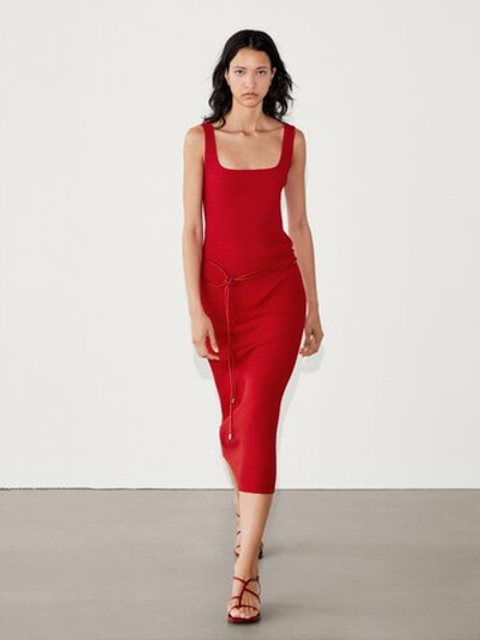 Massimo Dutti Платье в рубчик с квадратным вырезом, красный