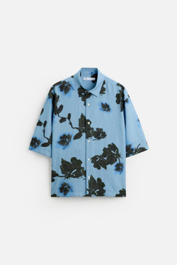 ZARA РУБАШКА ИЗ ТКАНИ С ЦВЕТОЧНЫМ ПРИНТОМ, НЕБЕСНО-ГОЛУБОЙ