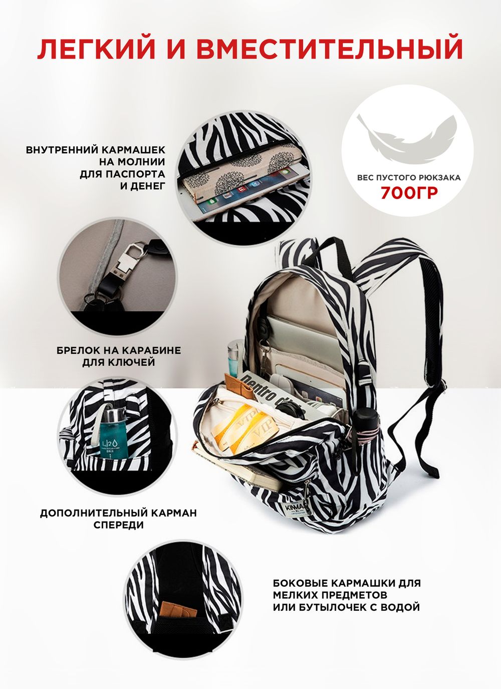 Рюкзак с отделением для ноутбука до 15,6" и USB-портом для зарядки (Зебра)