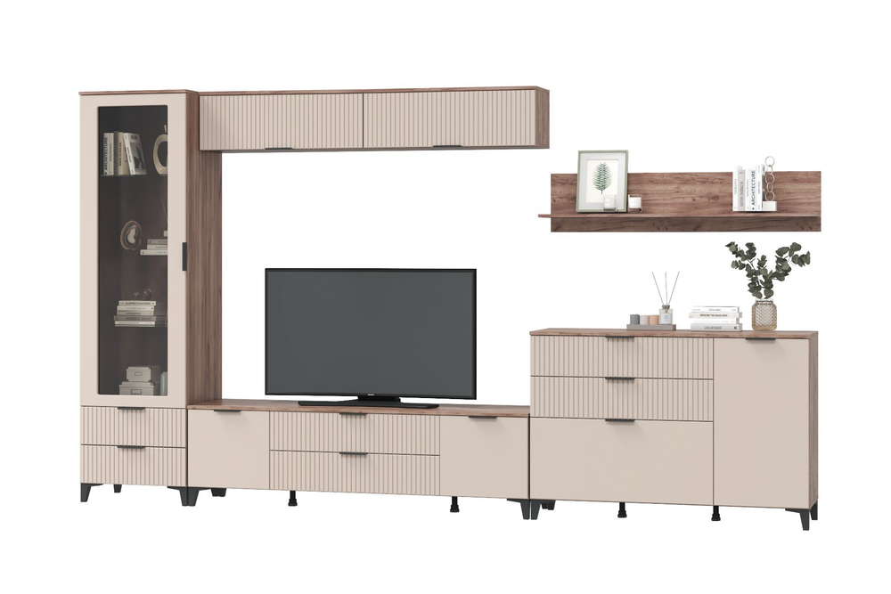 Стенка в гостиную со шкафом Дуб Табачный/Бисквит, Тоскана, 375,6х44,6х215 см