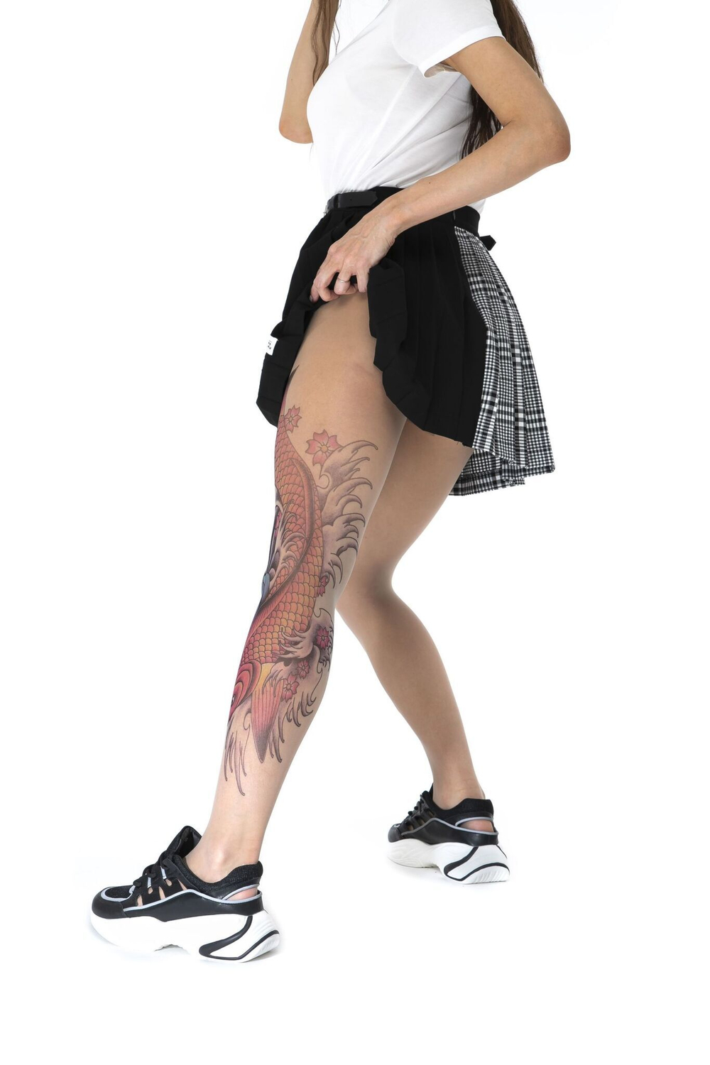 Колготки с цветным принтом в виде карпа кои на левой ножке (Размер: S-M-L) (Цвет: бежевый)