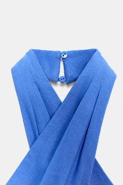 ZARA ЛЬНЯНОЕ ПЛАТЬЕ МИДИ С ГОРЛОВИНОЙ ХАЛТЕР, СИНИЙ