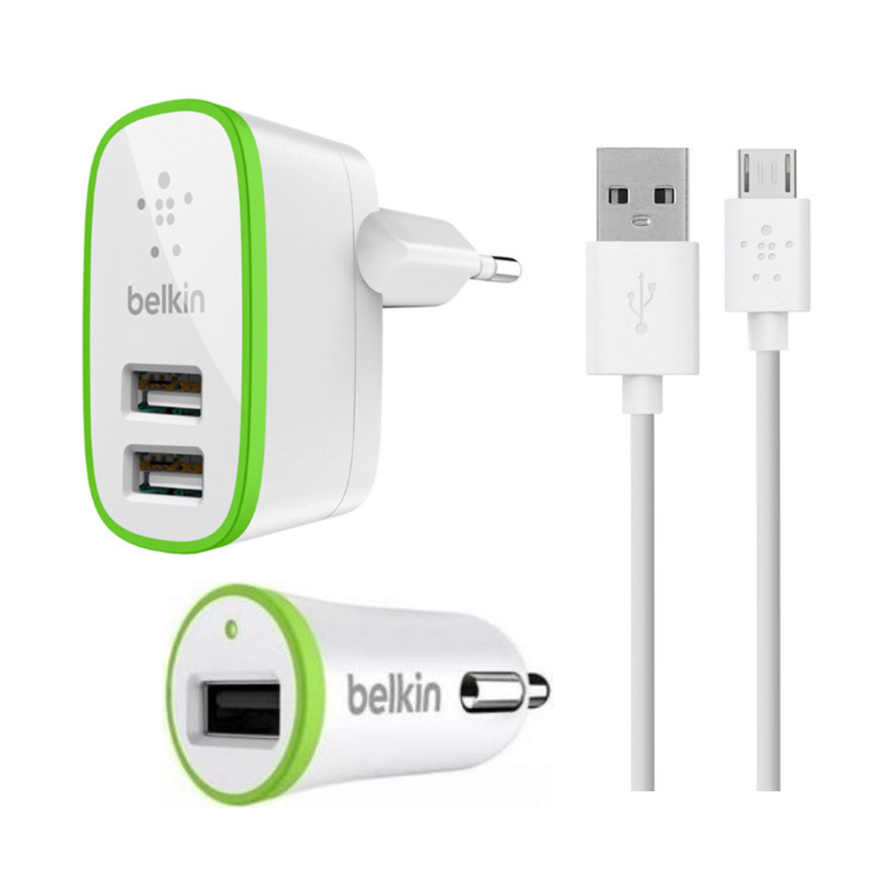 Сетевое зарядное устройство Belkin 1xUSB, 10W, 2.1A + автомобильное зарядное устройство Belkin 2xUSB, 20W, 2.1A + USB кабель micro-USB, 1.2м, белый