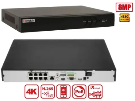 IP Видеорегистратор сетевой NVR HiWatch DS-N308P(D) 8 POE портов сетевой 8-ми канальный 8МП 4096x2160 30к/с на канал H.265+