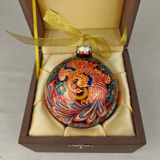 Шар новогодний с круговой росписью Палех "Жар-птица" на красном в футляре