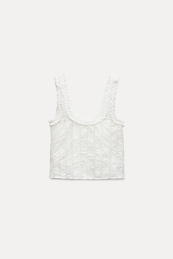 ZARA ВЫШИТЫЙ ТОП С ЗАВЯЗКАМИ, ЖЕЛТОВАТО-БЕЛЫЙ