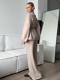 Комплект вязаный, кардиган на завязке и брюки прямого кроя