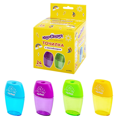 Точилка пластик 1отв. с контейнером "Радуга" овальная, корпус ассорти (ЮНЛАНДИЯ)