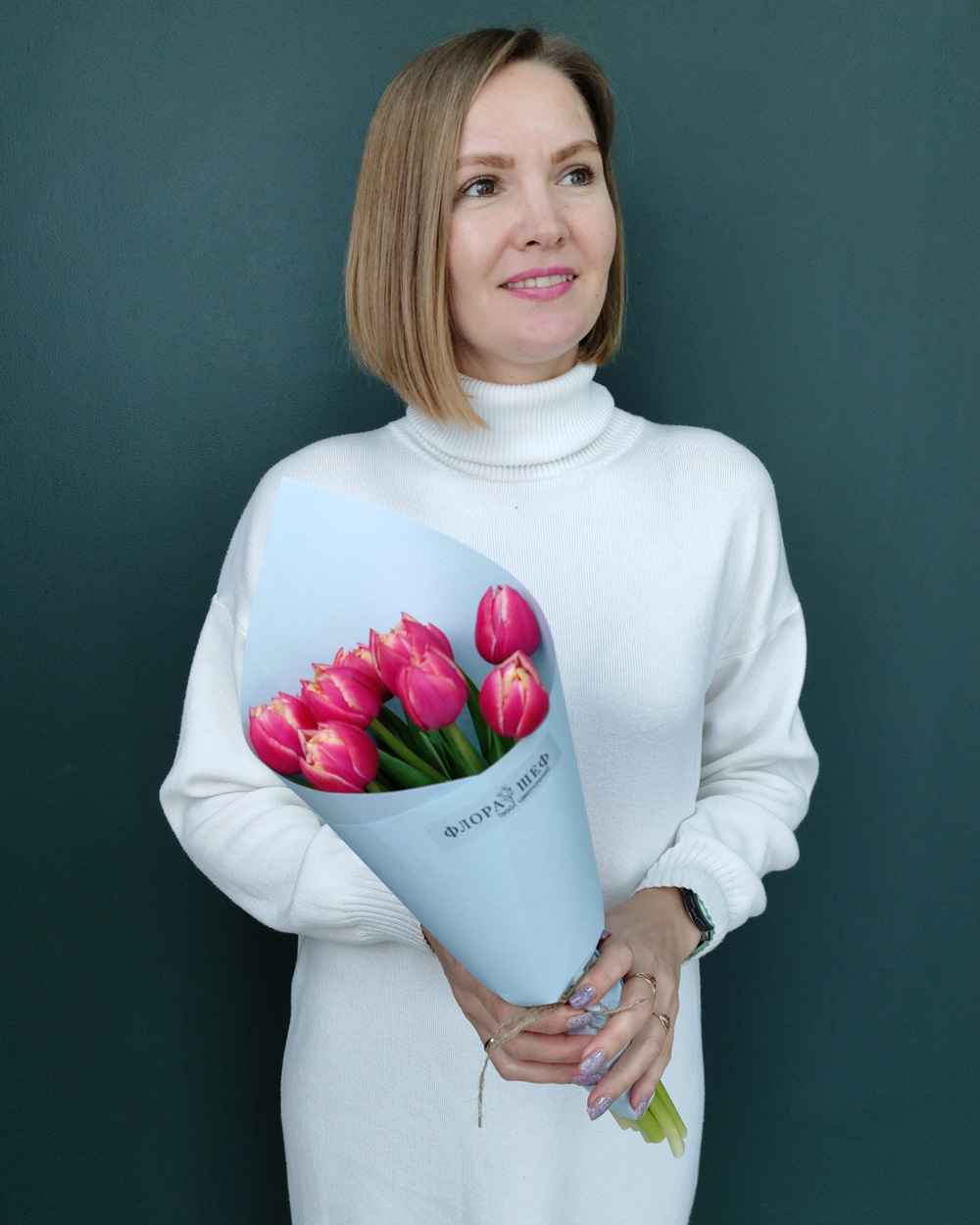 Букет из пионовидных розовых тюльпанов,9 шт(00138)