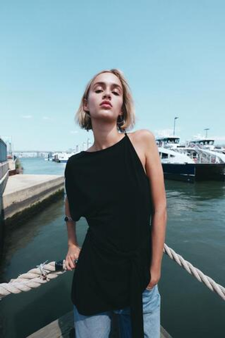 ZARA ТОП АСИММЕТРИЧНОГО КРОЯ С ПОЯСОМ, ЧЕРНЫЙ