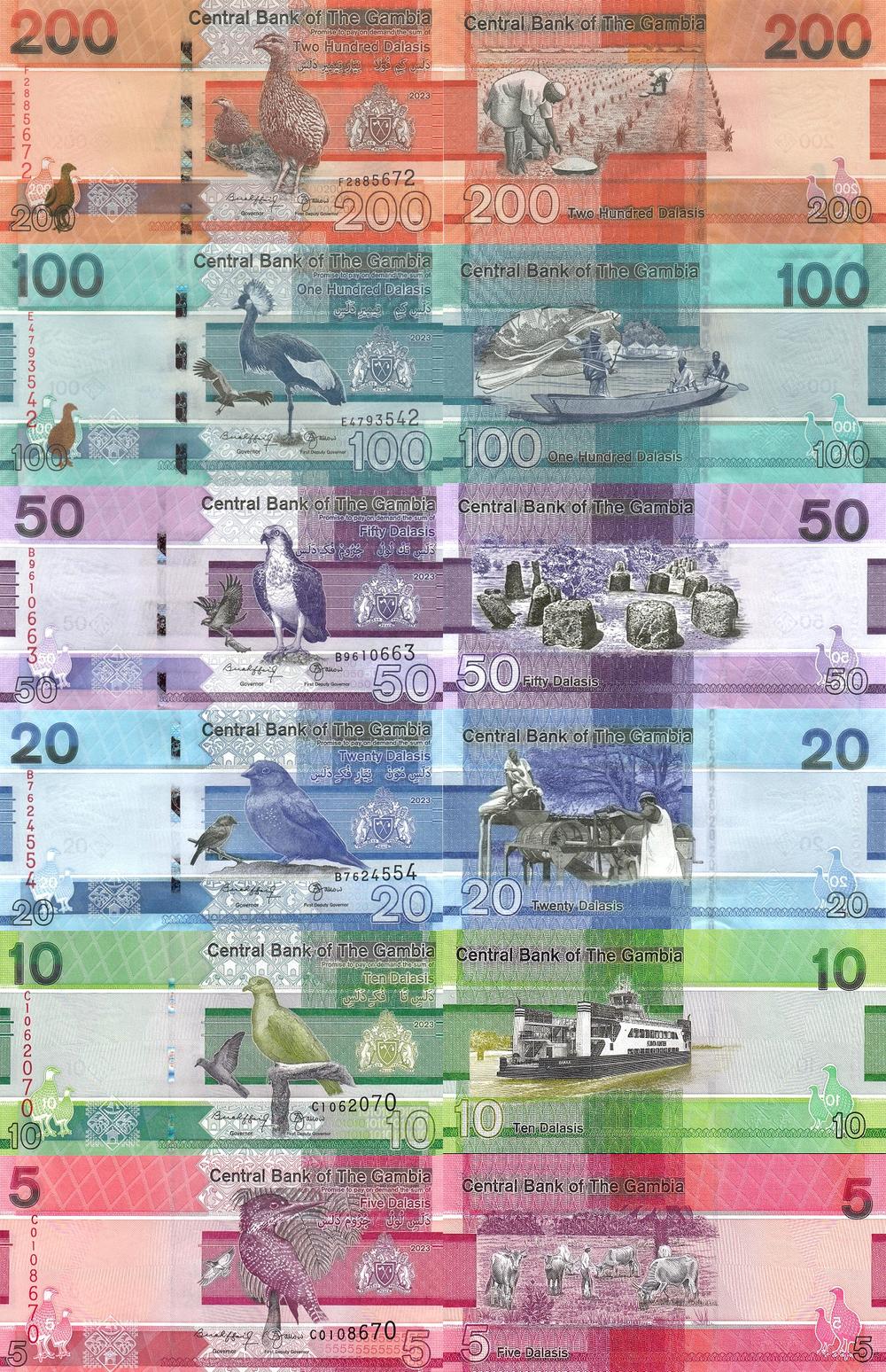 Гамбия 5 - 200 даласи 2019-2023 Набор 6 банкнот UNC