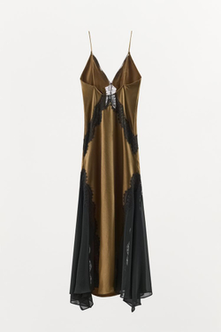 ZARA КОМБИНИРОВАННОЕ АТЛАСНОЕ ПЛАТЬЕ С КРУЖЕВОМ, РЫЖЕВАТО-КОРИЧНЕВЫЙ