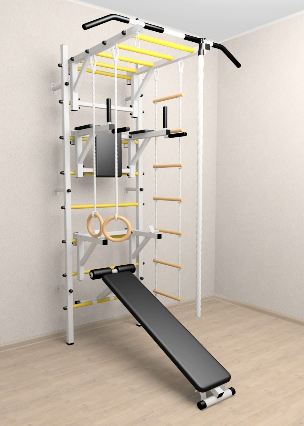 Шведская стенка Sv Sport усиленная 627 (Турник рукоход/Брусья/Стойка/Скамья/Канат/Кольца/Лестница)