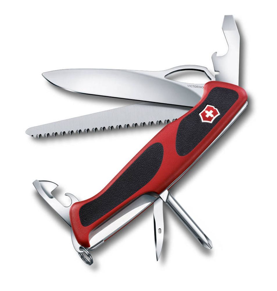 Качественный маленький брендовый фирменный швейцарский складной перочинный нож 130 мм с фиксатором лезвия, красный с чёрным 12 функций Victorinox RangerGrip VC-0.9663.MC