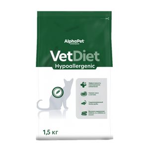 Уценка! Срок 06.08.26/ Сухой диетический корм AlphaPet VetDiet HYPOALERGENIC для взрослых кошек и котов при пищевой аллергии и непереносимости ингредиентов