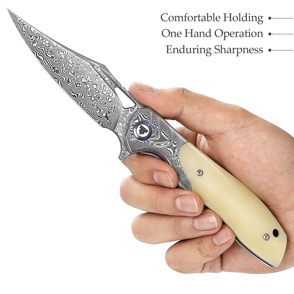 Складной туристический нож TRIVISA Apus-02W/P клинок 110 Layers Damascus рукоять дамаск и кость (бежевый)