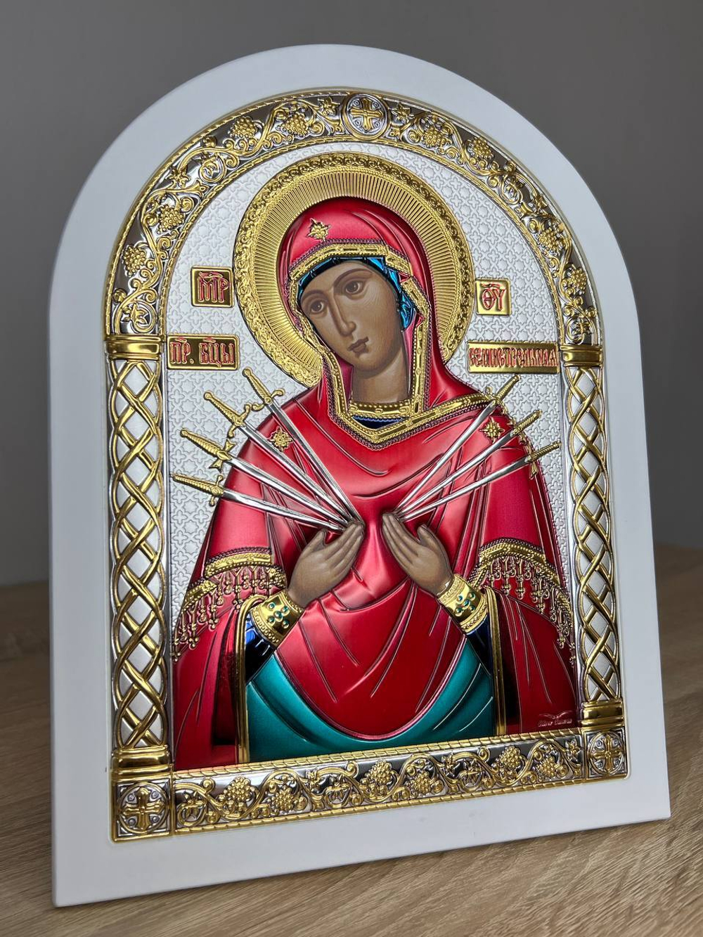 Семистрельная БМ, икона арочная, белое дерево, эмаль 175х225