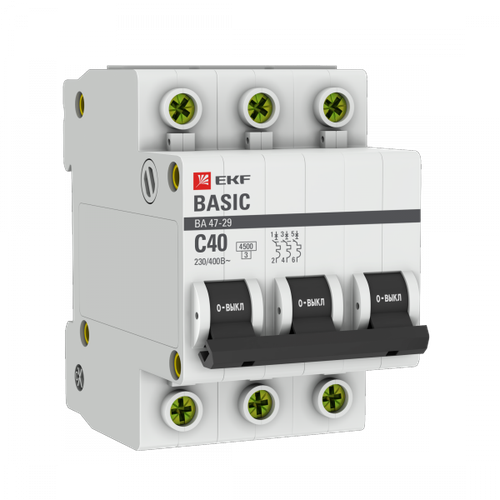 Выключатель автоматический 3П 40А характеристика С 4,5кА EKF ВА47-29 Basic