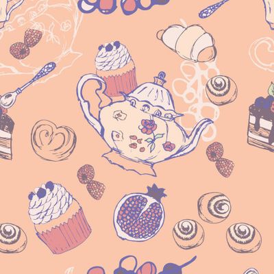 Чаепитие. Чайный сервиз, сладости и фрукты