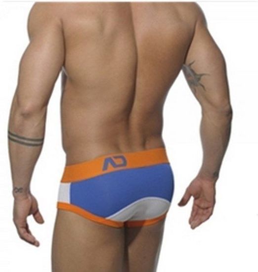 Мужские трусы брифы синие с оранжевой резинкой и вставкой из сетки Seobean Addicted