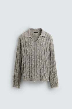 ZARA ПОЛО С ТЕКСТУРНЫМ УЗОРОМ «КОСЫ» И ЭФФЕКТОМ ПОТЕРТОСТИ, ЖЕМЧУЖНО-СЕРЫЙ