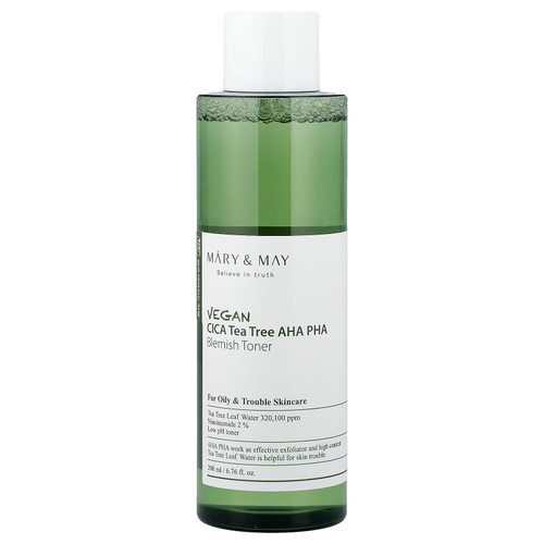 Mary & May, веганский тоник для устранения несовершенств кожи с кислотами CICA, чайным деревом и АГК, 200 мл (6,76 жидк. унции)
