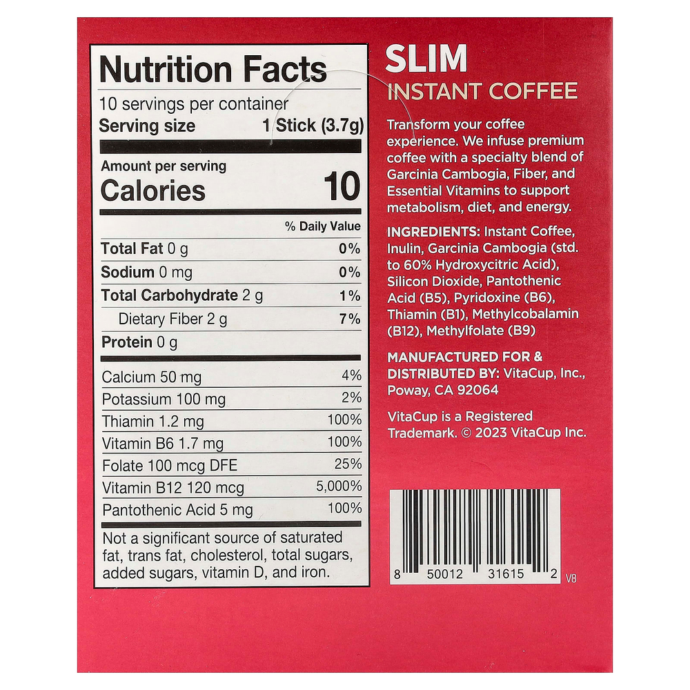 VitaCup, Растворимый кофе Slim, средней обжарки, 10 стиков на одну порцию, 3,7 г (0,13 унции)