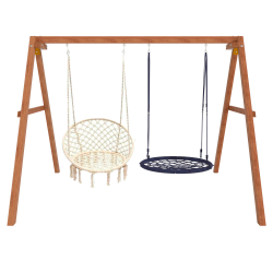 Деревянные качели с подвесными креслами в бежевом цвете и гнездом 100 см