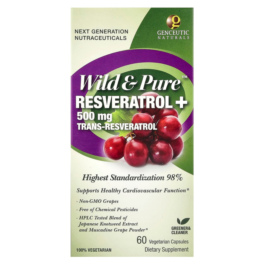 Genceutic Naturals, Wild & Pure, ресвератрол+, 500 мг, 60 вегетарианских капсул
