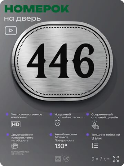 Номерок на дверь квартиры 446, для кабинета, офиса, шильдик 9 х 7 см, брашированная сталь, Айдентика Технолоджи