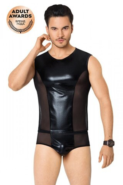 Костюм сетка + wetlook мужской майка и шорты черный M/L