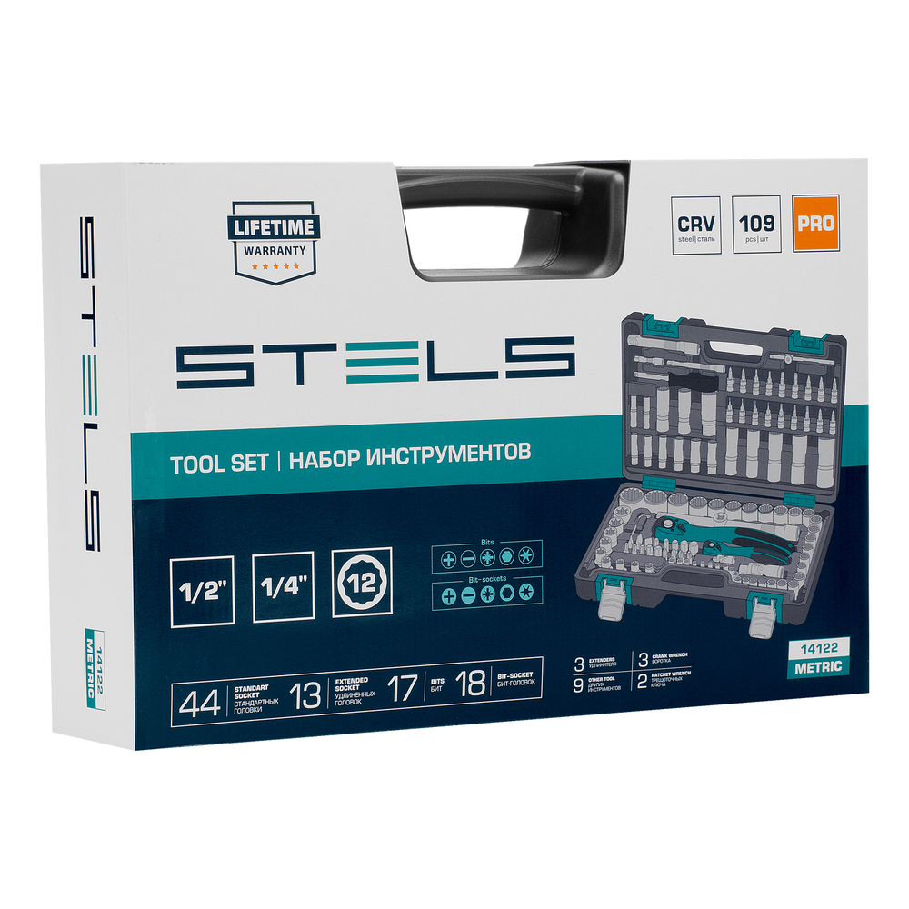 Набор инструментов 1/2", 1/4", CrV, 12 гранные головки, пластиковый кейс, 109 предмета Stels