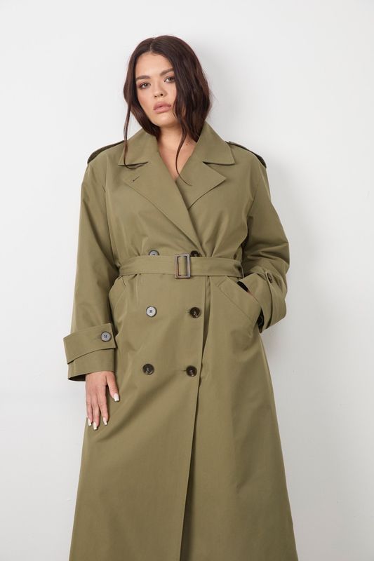 Тренч двубортный удлиненный, хаки