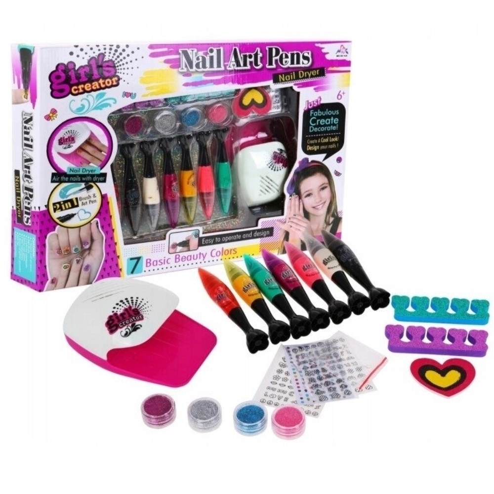 Детский набор косметики для Маникюра с сушкой, "Маникюрный салон - Nail Art Pens" Nail Dryer, 7 Basic Beauty Colours, 2in1