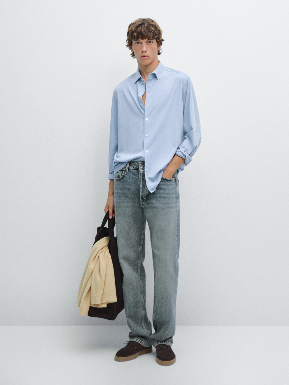 Massimo Dutti Рубашка облегающего кроя из эластичной ткани, небесно-голубой